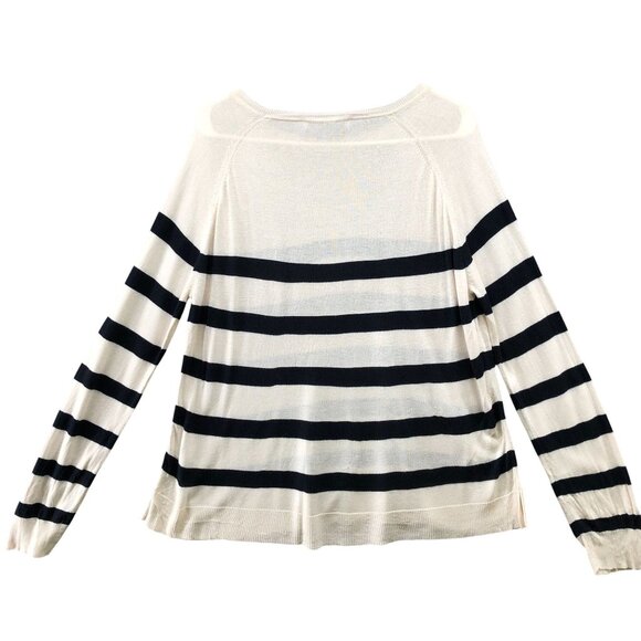 Zara Lightweight Sweater Womens L Ivory Black Striped Round Neck Knit Stretch - Picture 2 of 9